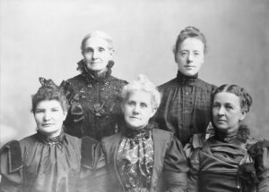 Primary general board members. Front, left to right: Lillie T. Freeze, Louie B. Felt, and Josephine R. West. Back, left to right: Aurelia Spencer Rogers, May Anderson. Courtesy International Society Daughters of Utah Pioneers.