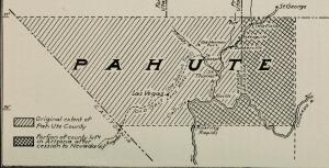 This historic map shows the “Old Mormon Fort,” St. Joseph, and St. Thomas along the Muddy River, which fed into the Virgin River and then the Colorado River. The settlements were along the Old Spanish Trail (also called the Old Salt Lake Road, the Arrowhead Trail, and the Mormon Trail) between St. George and Las Vegas. “Muddy Settlements in Pahute County, Arizona,” in James H. McClintock, <em>Mormon Settlement in Arizona: A Record of Peaceful Conquest of the Desert</em> (Phoenix, Ariz.: n.p., 1921), 103