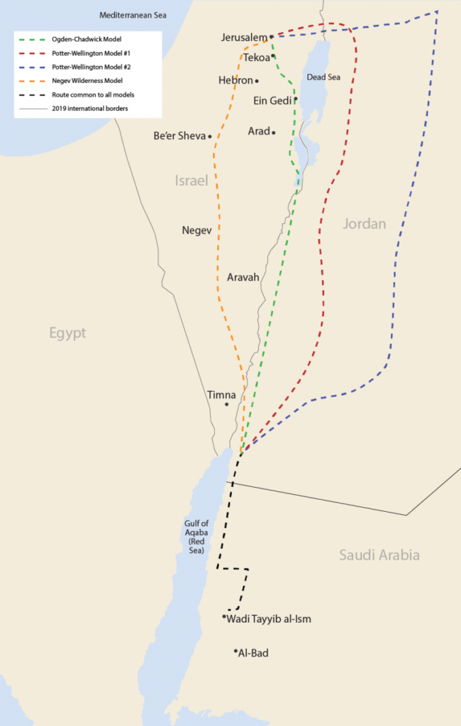 Figure 1. Map of the area from Jerusalem to the Red Sea, showing locations mentioned in this article and the various proposals for the Lehite route from Jerusalem to the valley of Lemuel.