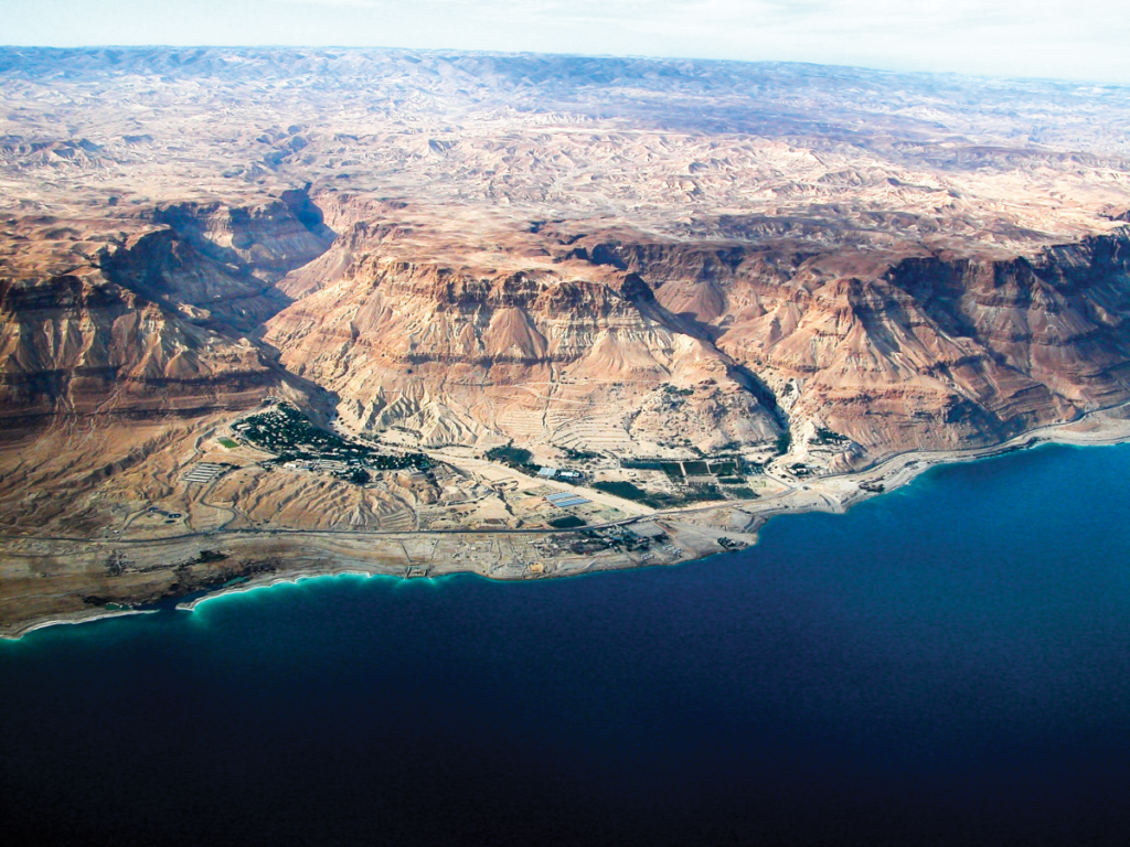 Figure 5. A rare aerial view of Ein Gedi beside the Dead Sea, facing west. Nahal Arugot is the wadi on the left; Nahal David is the wadi on the right. Photograph courtesy Todd Bolen/BiblePlaces.com.