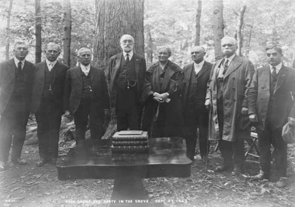 Church leaders in the Sacred Grove (left to right: John Harris Taylor, Joseph Fielding Smith, Rudger Clawson, Heber J. Grant, Augusta Winters Grant, James E. Talmage, B. H. Roberts, LeRoi C. Snow), Palmyra, New York, September 23, 1923. Courtesy CHL.