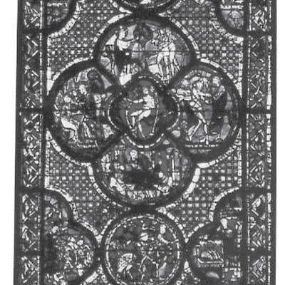 Fig. 3. Chartres Cathedral Window.
A famous stained-glass window in the Chartres Cathedral depicts the parable of the Good Samaritan in tandem with the story of the creation and fall of Adam and Eve. The bottom half (scenes 4–12) tells how a man went down from the Holy City (4), fell among robbers (6–7), and was rescued by the Samaritan (9–12). The top half shows Adam and Eve in Paradise (13–16), their fall and expulsion into the world (17–21, 23), and God in his majesty (22, 24). Christians in the Middle Ages regularly understood Jesus’ parable to refer to the fall of Adam and Eve and the redemption of mankind. Read in an ascending pattern of alternating hori­zontal and diagonal moves, the window em­phasizes this one typology.
