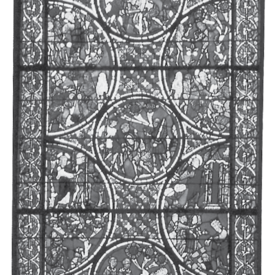 Fig. 5. Bourges Cathedral Window.
The Good Samaritan window in the cathedral at Bourges, read from
the top down, relates the parable in its central circles (2–6). In the semicircles on the sides are ten scenes from the creation and fall of Adam and Eve (7–16), four scenes from the life of Moses (17–20), and two small medallions concerning the death of Christ (21–22). While this window places its greatest emphasis on the Fall, with two main scenes showing the attack of the robbers and the victim being stripped (3–4), this window also surrounds the scene of the priest and Levite (5) with four vignettes from the Exodus, especially showing Israel’s rejection of Jehovah (18–20). The window thus features two significant typologies, while briefly introducing the third in its last two scenes (21–22).