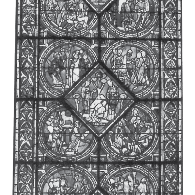 Fig. 7. Sens Cathedral Window. The window in the Sens Cathedral is the most systematic of these three Good Samaritan windows. It too is read from the top down (1–4), with its three main scenes being diamond shaped. These three re­ceive equal treatment. Around the attack of the robbers are four scenes focusing only on the transgression of Adam and Eve (5–8) and not on the creation. Around the priest and Levite are four scenes showing not so much the apostasy of the Israelites (12) as Moses’ faith (9–11). Around the delivery of the victim to the inn and the Samaritan’s payment of two coins are four scenes from the suffering and resurrection of Christ (13–16), as he paid for the sins of mankind and prom­ised to come again.