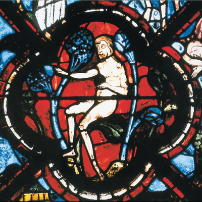  Plate 1-B. Chartres, scene 14. Man began in the presence of God. Adam is shown here in paradise.