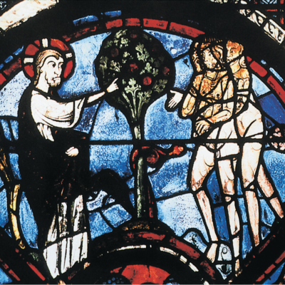 Plate 2-B. Chartres, scene 16. Adam and Eve are instructed not to partake of the tree of knowledge of good and evil.