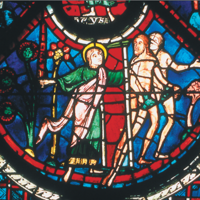 Plate 3-B. Chartres, scene 20. An angel drives Adam and Eve from the Garden, stripping them of their premortal glory.