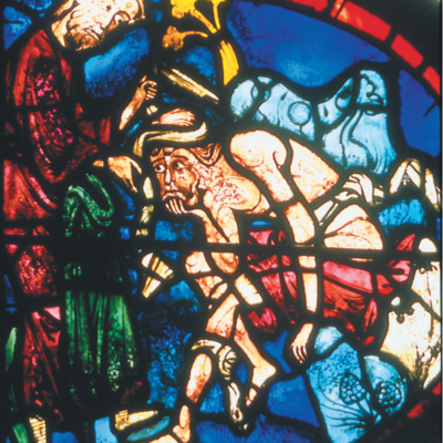 Plate 5. Chartres, scene 9. The Samaritan tilts his head in compassion and binds a bandage around the head of the wounded traveler.