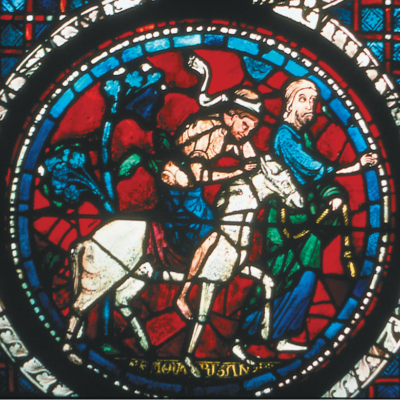 Plate 7-A. Chartres, scene 10. The Samaritan brings the wounded man to the inn, representing the church.